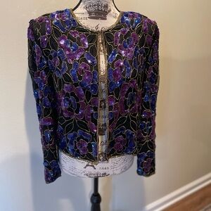 Papell Boutique Purple Black Sequin & Beaded Silk Jacket ~ S ~